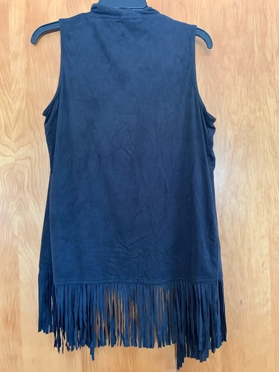 Festival Black Fringe Open-Front Vest Western Bohemian Rodeo Whimsical Summer - Picture 4 of 4